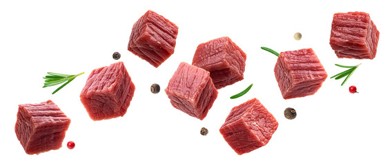 Wall Mural - cubes of raw beef meat isolated on white background