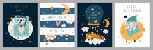 Sleeping Baby Animal Cards. Good Night Banners With Fauna And Text. Sky Childish Elements. Funny Characters Lying In Beds. Napping Sloth, Elephant And Tiger. Vector Sweet Dreams Posters Set