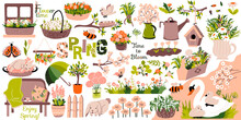 Spring Set. Differnt Baskets, Boxes With Flowers, Sakura, Tulips, Roses, Cute Animals, Swan, Bunny, Bumblebee, Bench, Birdhouse And Gardening Decor.  Vector Illustration And Text