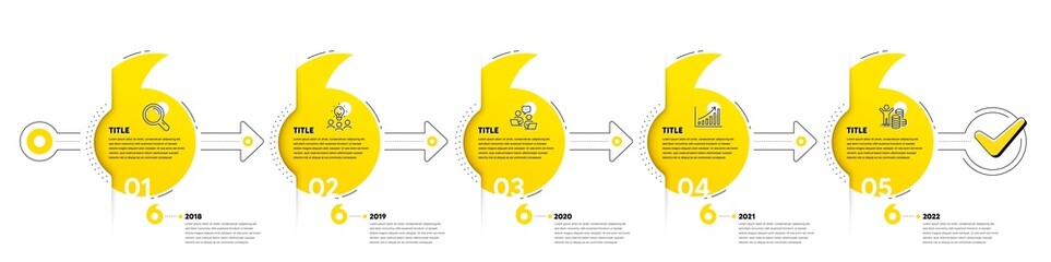 Wall Mural - Business Infographic timeline with 5 steps. Quotes bookmarks journey infographics. Workflow process diagram with Research, Working idea, Teamwork and Money reward line icons. Vector