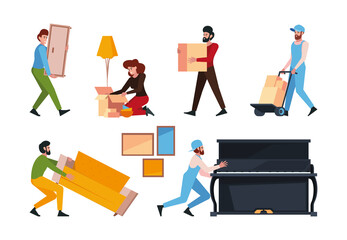 Canvas Print - Relocation. Family moving in new house carry apartments couple with boxes furniture garish vector illustrations people