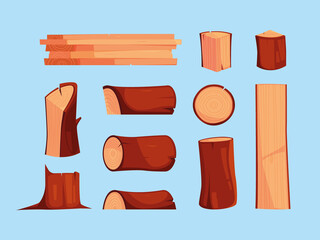 Poster - Oak logs. Wooden production items branches for cutting logging lumbers trees garish vector illustrations set