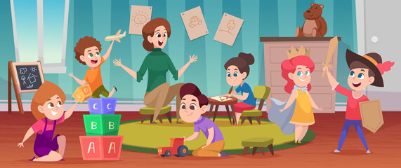 Poster - Teacher in kindergarten. Education lesson for kids in playground room children sitting and listening teacher playing with toys exact vector cartoon background