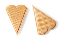 Two Heart Shaped Wafers For Ice Cream Decoration Isolated On A White Background. Thin Flat Waffle Biscuits For Garnishing Macro. Baked Wheat Pastry For Valentine Day Food Design.