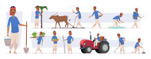 Indian Farmer. Village Rural Character Worker In Nature Exact Vector Indian People Harvesting In Cartoon Style