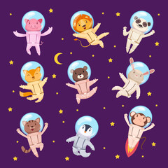 Wall Mural - space travellers animals. universe with cute animals astronauts in professional jumpsuit and helmets