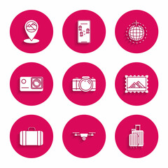 Sticker - Set Photo camera, Drone flying with action video, Suitcase for travel, Postal stamp and Egypt pyramids, Action extreme, Globe plane and Map pointer mountain icon. Vector