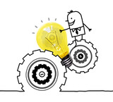 Fototapeta  - Cartoon Businessman with gears and Light Bulb