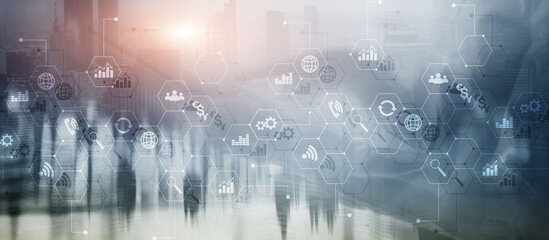 Wall Mural - diagrams and icons on hologram screen. background with silhouettes