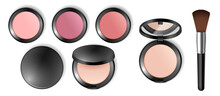 Decorative Cosmetics Set: Compact Face Powder, Blusher In Black Case With Mirror And Brush