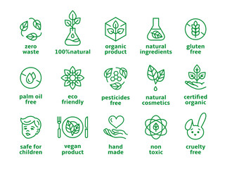 organic cosmetics symbols. beauty eco pictogram, vegan icons. label no preservatives and no chemical