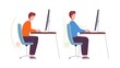© ssstocker - Correct posture computer. Ergonomic seat office workstation, character sit in proper pose at desk on chair, instruction good right position, healthy back splendid vector illustration
