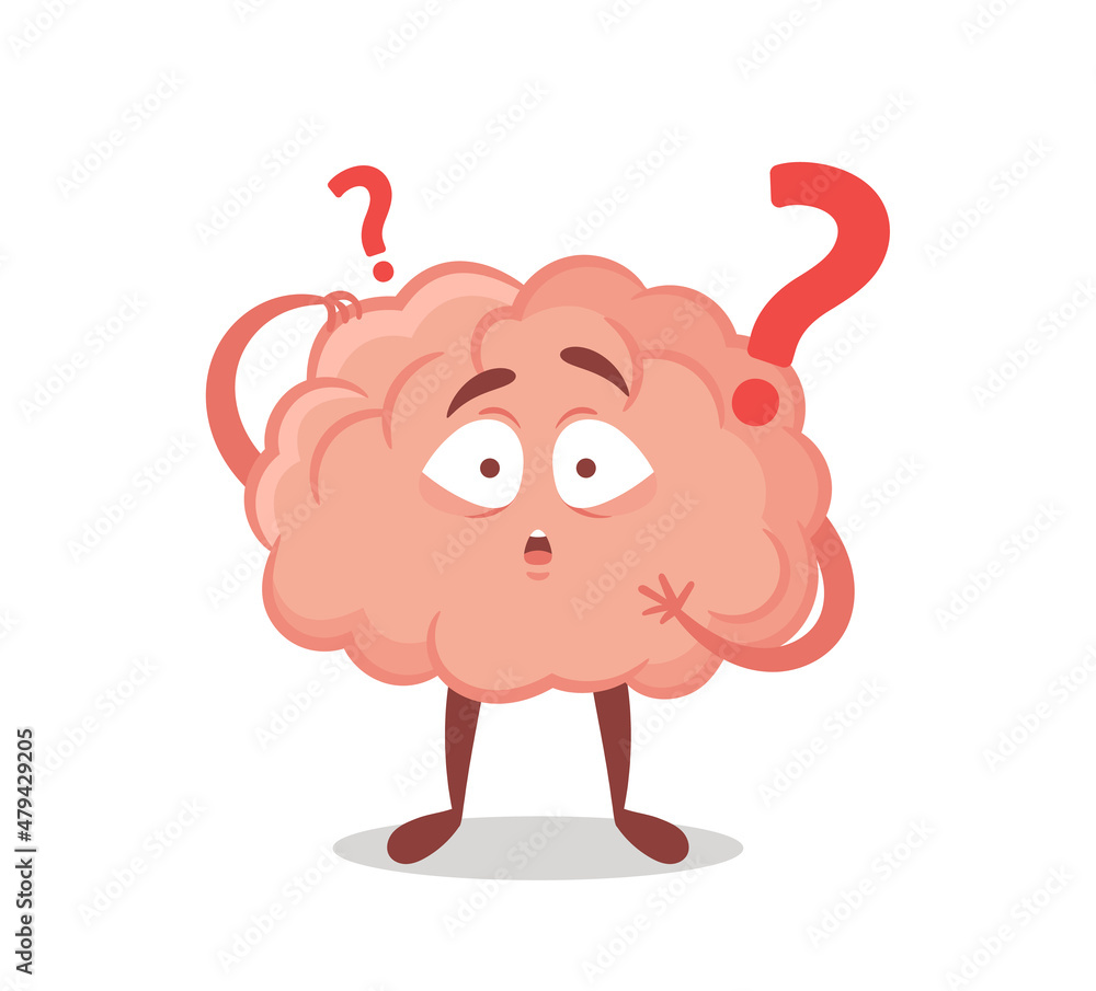 Cartoon Brain Character with Question Mark Isolated on White Background ...