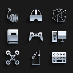 Sticker - Set Gamepad, Test tube flask on fire, Pills in blister pack, Computer monitor, Drone flying, User manual, Neural network and Social icon. Vector