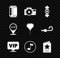 Poster - Set Beer can, Photo camera, Candy, Location Vip, Music note, tone, Greeting card, and Balloon form of heart icon. Vector