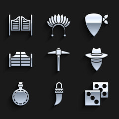 Sticker - Set Pickaxe, Tooth, Game dice, Cowboy, Canteen water bottle, Saloon door, bandana and icon. Vector