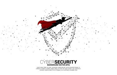 Poster - silhouette of superhero fly with Protection shield icon from dot connect line polygon network. concept of guard security and safety