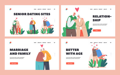 Wall Mural - Senior People Relations Landing Page Template. Loving Couples Hug, Happy Old Men or Women Embracing, Holding Hands