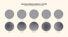 Assorted Various Vector 3D Balls In Different Positions With Straight And Spiral Lines Art Pattern Set Isolated On White Background. Graphic Black White Variety 3D Spheres Design Elements Collection
