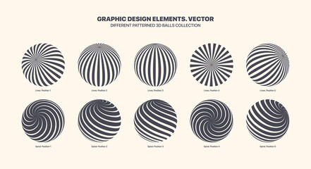 Wall Mural - Assorted Various Vector 3D Balls In Different Positions With Straight And Spiral Lines Art Pattern Set Isolated On White Background. Graphic Black White Variety 3D Spheres Design Elements Collection