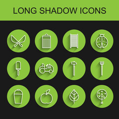 Sticker - Set line Bucket, Apple, Gardening handmade scissors, Leaf, Tree, Tractor, pitchfork and Hammer icon. Vector