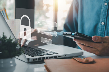 Man hand typing on keyboard with login and password on screen display, cyber security concept, data protection and secured internet access.