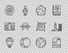Set Line Planet Saturn, Astronaut Helmet, UFO Abducts Cow, Moon, Black Hole, Flying Spaceship, And Rocket Launch From The Spaceport Icon. Vector