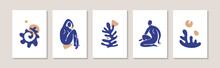Set Of Five Abstract Posters With Female Silhouettes And Abstract Corals Painted In The Style Of Henry Matisse.