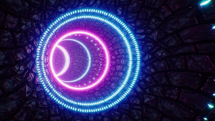 Wall Mural - Glittering Circle Neon Light in the Stone Tunnel 3D Rendering