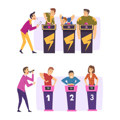 Poster - Quiz Show Host and Player Character Standing Ready to Press Button Vector Set