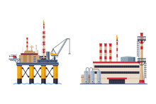 Oil Or Petroleum Refinery As Industrial Process Plant With Crude Oil Production Vector Set