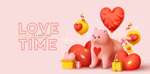 Happy Valentine's Day. Romantic Creative Composition. Realistic 3d Cartoon Cute Cat. Festive Decorative Objects, Heart Shaped Balloons, Gift Box. Love Time. Vector Illustration