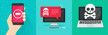 Forbidden Prohibited Mobile Cell Phone Access Vector And Malware Alert Antivirus Attach Denied On Computer Pc Screen Flat Cartoon Illustration, Concept Of Cyber Crime, Risk Caution Warning