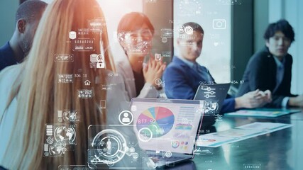 Poster - Business and technology concept. Management strategy. Group of multinational businessperson meeting in the office.