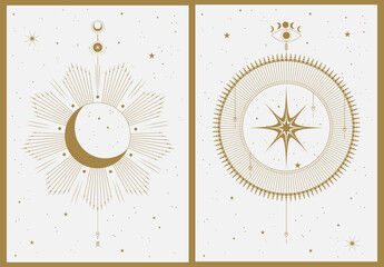 Set of two gold and beige aesthetic geometric harmonious vintage backgrounds with solar system elements. Astrology and esoterics. Mid-century style poster with thin lines, sun, star, stripes and dots.