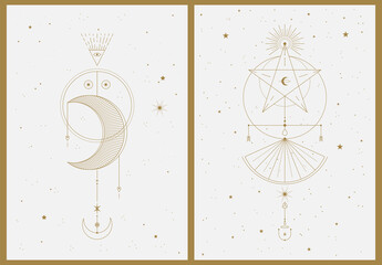 Set of two gold and beige aesthetic geometric harmonious vintage backgrounds with solar system elements. Astrology and esoterics. Mid-century style poster with thin lines, sun, star, stripes and dots.