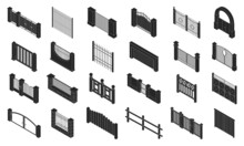 Fence Gate Vector Isometric Set Icon. Isolated Isometric Set Icon Wooden Gates. Vector Illustration Fence Gate On White Background.