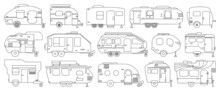 Truck Trailer Isolated Outline Set Icon. Vector Illustration Campsite Van On White Background.Outline Set Icon Truck Trailer .
