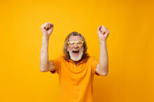 Old Man Hand Gestures Emotions Yellow Glasses Isolated Background