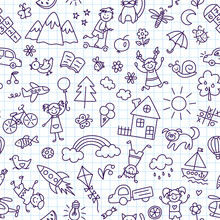 Seamless Pattern With Doodle Children, House, Sun And Bike. Hand Drawn Funny Little Kids Play, Run And Jump. Cute Children Drawing. Vector Illustration In Doodle Style On Squared Notebook Background.