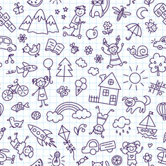 Seamless pattern with doodle children, house, sun and bike. Hand drawn funny little kids play, run and jump. Cute children drawing. Vector illustration in doodle style on squared notebook background.