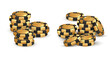 Big stacks of black and gold  poker chips, tokens on white background. Vector illustration for casino, game design, flyer, poster, banner, web, advertising.