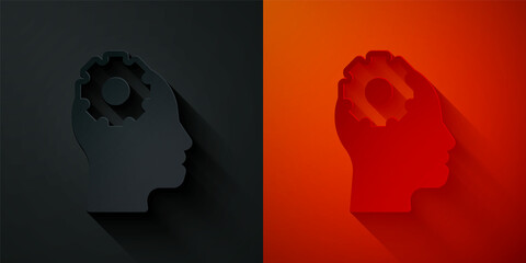 Canvas Print - Paper cut Human head with gear inside icon isolated on black and red background. Artificial intelligence. Thinking brain. Symbol work of brain. Paper art style. Vector