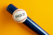 Baseball Ball On A Bat On Yellow Background With The Word Smash It