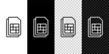 Set Line Sim Card Icon Isolated On Black And White Background. Mobile Cellular Phone Sim Card Chip. Mobile Telecommunications Technology Symbol. Vector