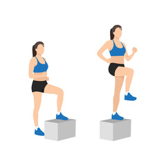 Wall Mural - Woman doing Step up with knee raise exercise. Flat vector illustration isolated on white background