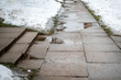 Wet and slippery sidewalk. Spring, thaw and change of weather