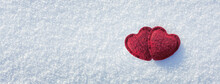 Two Red Hearts On White Winter Snow Banner. Love Concept. 14 February Background