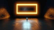Three Dimensional Render Of Astronaut Standing In Front Of Large Rectangle Glowing Inside Dark Empty Interior