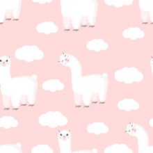 Seamless Pattern With Funny Llama And Clouds On A Pink Background. Vector Illustration Suitable For Baby Texture, Textile, Fabric, Poster, Greeting Card, Decor. Cute Alpaca From Peru.